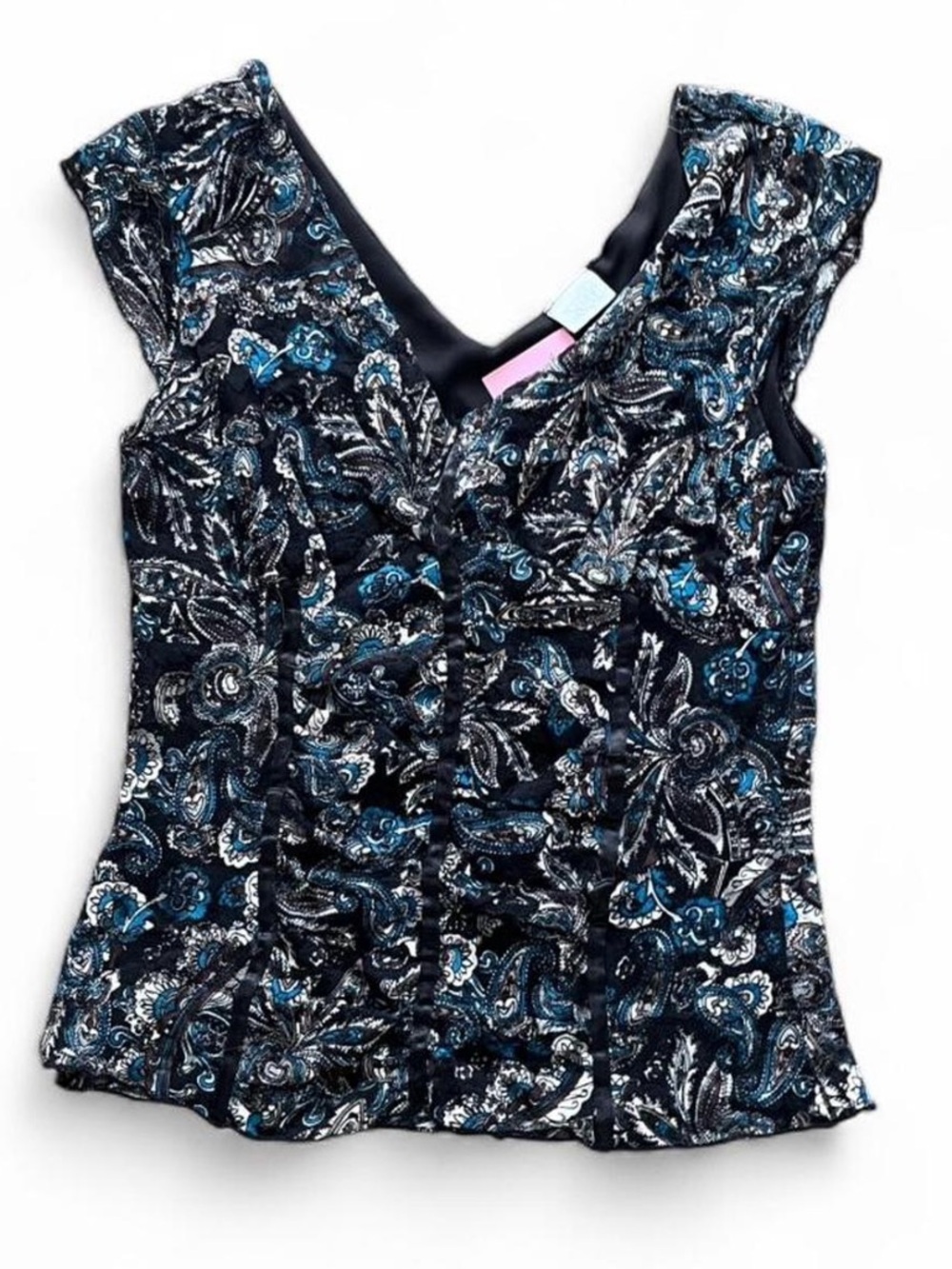 Suzy Shier Fairy V-Neck Floral Print Blouse in Navy and Teal